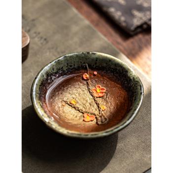青釉柴燒手捏梅花品茗杯復古家用功夫茶具粗陶主人杯高檔個性茶杯