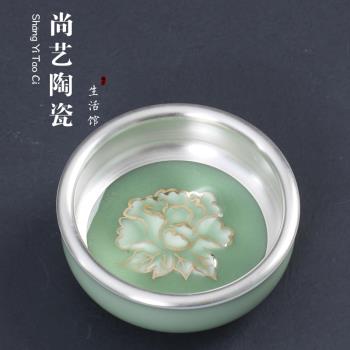 龍泉青瓷鎏銀茶杯純手工家用功夫茶具純銀品茗杯陶瓷主人杯單杯