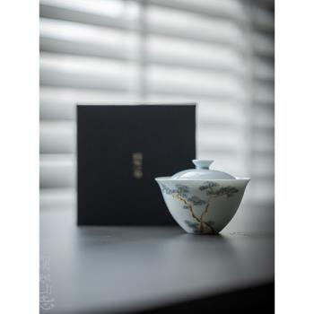 烈火陶瓷 | 云水藍手繪青松蓋碗 落色家用泡茶碗茶杯新品明知山志