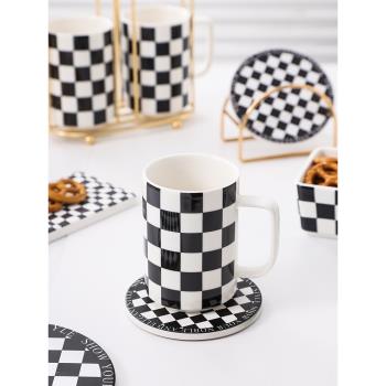 黑白棋盤格子馬克杯不走尋常路杯子陶瓷水杯家用辦公室茶杯咖啡杯
