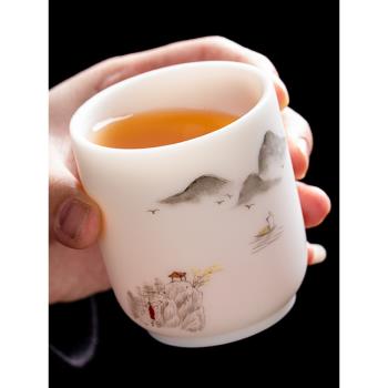 輕奢白瓷茶杯羊脂玉主人杯單杯家用大號手繪功夫茶具茶盞陶瓷茶杯