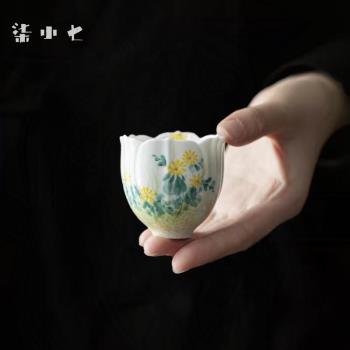 中式手繪野菊賦主人杯 女士功夫茶具家用陶瓷大號品茶喝茶杯單杯