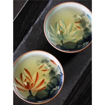 老陶泥手繪荷花茶杯柴窯開片可養普洱杯釉下彩純手工藍蓮花主人杯