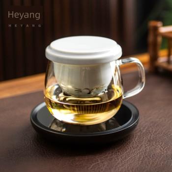 禾陽 萌貓三件杯玻璃茶杯日式可愛茶水分離家用泡茶馬克杯花茶杯