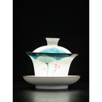 手繪釉下彩蓋碗單個巖茶三才陶瓷