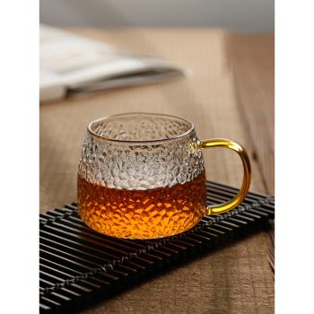 錘紋耐熱透明玻璃杯馬克杯帶把陶瓷花茶杯水杯女日式家用咖啡杯子