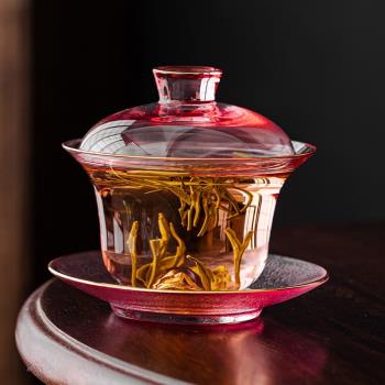 粉色藏金山玻璃三才蓋碗單個透明高檔日式功夫茶具泡茶器茶杯套裝