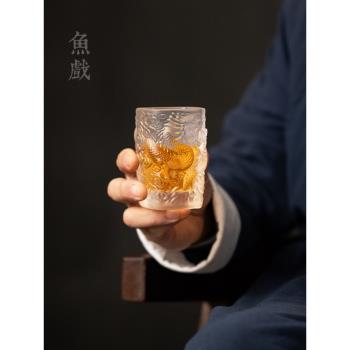 水晶玻璃茶杯主人杯手工浮雕描金騰龍品茗杯琉璃杯子單杯功夫茶具
