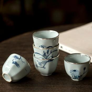 日式高端精致手工手繪輕奢青花陶瓷主人描銀杯品茗杯復古茶杯單個