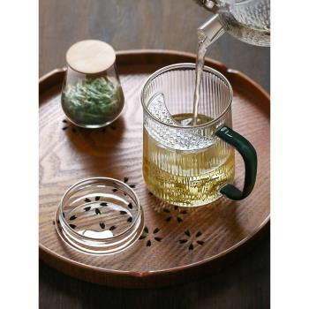 戲陶日式條紋玻璃泡茶杯創意辦公過濾帶蓋帶把加厚耐熱月牙杯家用