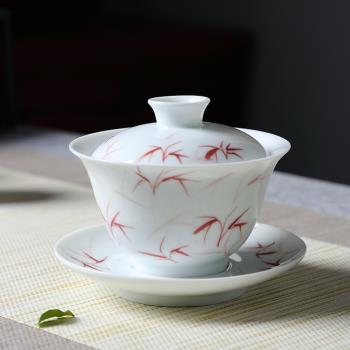 三才蓋碗白瓷手繪單個茶碗帶蓋家用復古功夫茶具套裝茶杯泡茶防燙