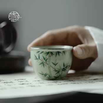 釉下手繪青竹缸杯描邊主人杯陶瓷手工中式功夫品茗杯家用茶杯單杯