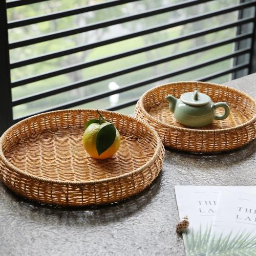 仿藤編日式簡約茶杯茶具托盤家用編織籃圓形收納盤茶幾桌面整理籃