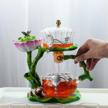 2023年新款荷花全自動茶具玻璃懶人功夫茶杯套裝家用會客創意茶具
