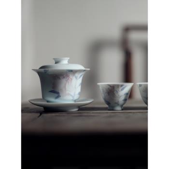 景德鎮茶具套裝手繪粉彩三才蓋碗茶杯公道杯文人茶器辦公茶室泡茶