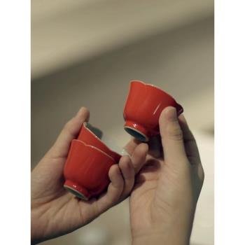 海棠紅釉功夫小蓋碗單手泡茶杯紅色陶瓷茶具套裝干泡臺壺承中式