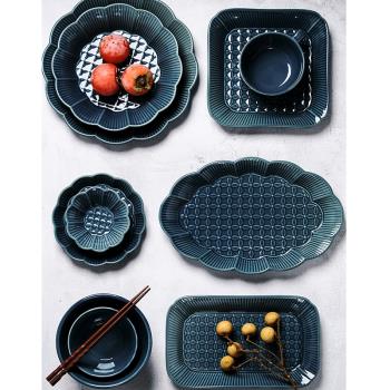 日式雪梅浮雕陶瓷餐具深淺菜碟早餐咖啡茶杯湯面碗魚盤壽司盤套裝