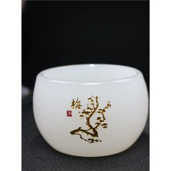 琉璃刻花茶杯水杯梅蘭菊竹整套喝茶玉酒杯杯子功夫茶茗品個性茶具