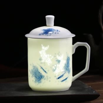 景德鎮釉下手繪青花玲瓏陶瓷茶杯帶蓋泡茶喝茶杯子辦公室水杯家用