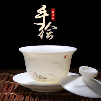 素燒白瓷三才蓋碗茶杯手繪山水高階泡茶蓋碗羊脂白玉茶碗帶蓋德化