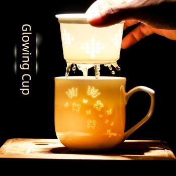 景德鎮陶瓷茶杯過濾杯玲瓏辦公杯雙層同心杯茶水分離過濾茶杯帶蓋