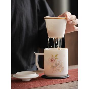 唐舍 德化羊脂玉瓷白瓷茶杯帶蓋陶瓷辦公室男女過濾茶水分離水杯