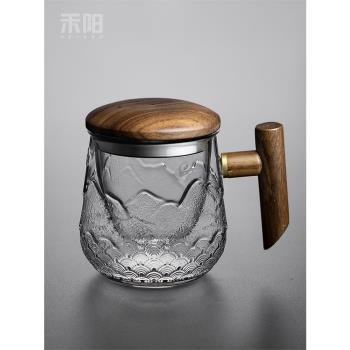 禾陽 玻璃泡茶杯茶水分離創意帶過濾木把馬克杯家用耐熱花茶杯