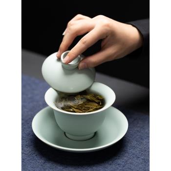 言致汝窯蓋碗茶杯開片大號高階汝瓷三才泡茶碗家用陶瓷冰裂釉天青