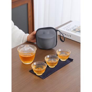 泡茶快客杯玻璃一壺三杯戶外便攜式旅行茶具隨身輕奢功夫茶杯套裝