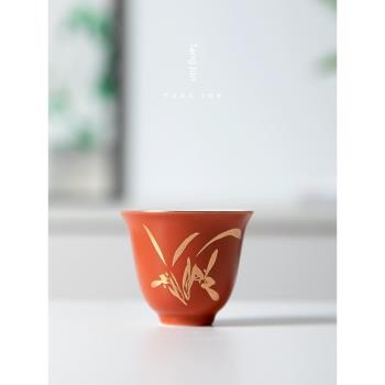 陶瓷茶杯蘭花中式家用品茗杯功夫茶具單個主人杯喝茶故宮紅