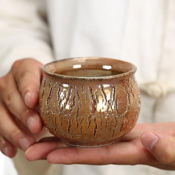 孤品手作品茗杯柴燒手拉坯茶杯大號復古手工主人杯粗陶瓷爆裂紋