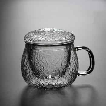 錘紋加厚耐熱玻璃三件式花茶杯帶蓋內膽過濾泡茶杯水杯辦公馬克杯