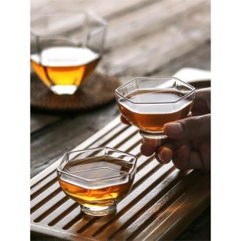 日式透明六角玻璃茶杯手工功夫茶道耐熱品茗杯家用茶具杯子主人杯
