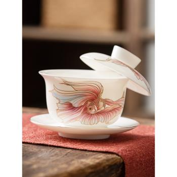 羊脂玉三才蓋碗白瓷單個薄胎泡茶碗可懸停浮蓋子陶瓷懸浮功夫茶具
