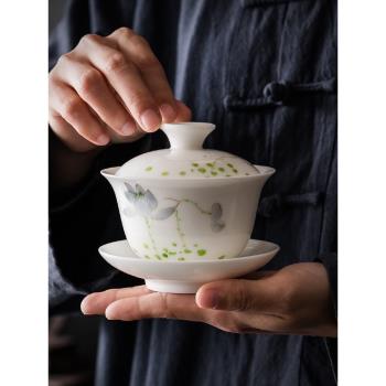中式手繪荷香羊脂玉蓋碗茶杯陶瓷功夫茶具蘭花山水三才杯泡茶碗ml