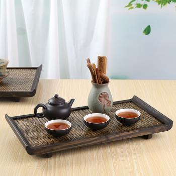泰國實木質茶具家用干泡茶盤日式茶杯茶托長方形復古竹編藤編托盤