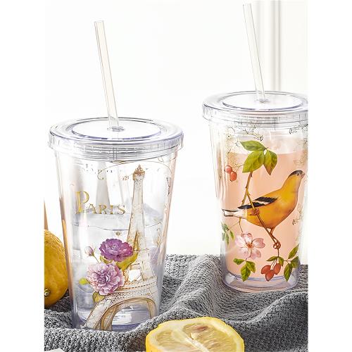 愛屋格林北歐風雙層隔熱吸管杯奶茶杯果汁飲料冷飲杯子水杯家用