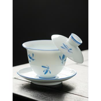 手繪羊脂玉單個懸停浮蓋子碗茶杯陶瓷泡大號白瓷懸浮三才敬茶碗具