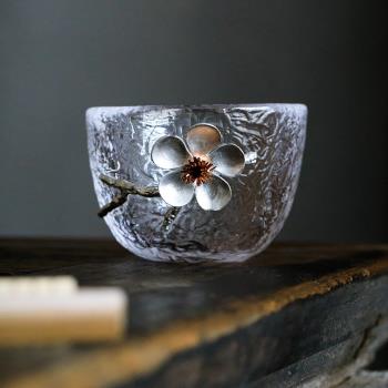 日式錘紋玻璃小茶杯品茗杯錫制耐高溫玻璃單杯主個人杯子功夫茶具