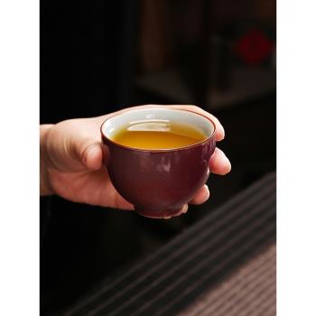汝窯茶杯中式復古主人杯紫色高檔功夫茶具陶瓷品茗杯蟬翼開片可養