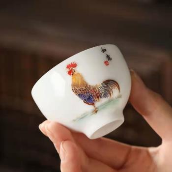 鎏金茶杯主人杯金雞杯單杯小容量白瓷公雞個人專用品茗杯鑲金茶盞