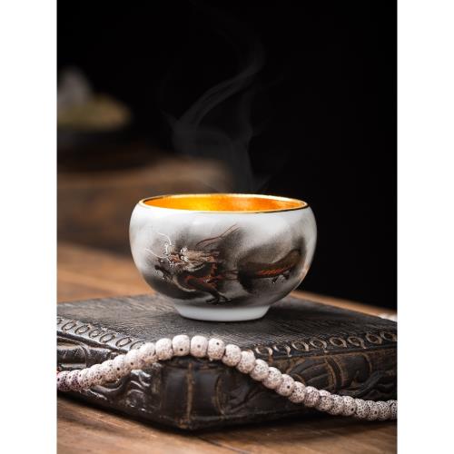 蔡志強大師24K菩提金葉建盞手繪龍鳳杯大號單茶杯品茗杯茶具禮品|茶杯