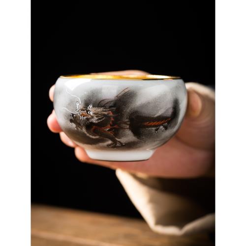 蔡志強大師24K菩提金葉建盞手繪龍鳳杯大號單茶杯品茗杯茶具禮品|茶杯