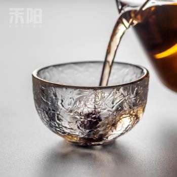 創意雪山玻璃杯品茗杯玻璃小茶杯功夫茶具家用耐熱透明描金錘紋杯