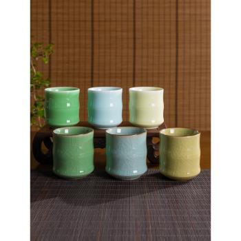 龍泉窯青瓷茶杯套裝六色竹節杯中式禮盒陶瓷杯家用功夫杯冰裂水杯