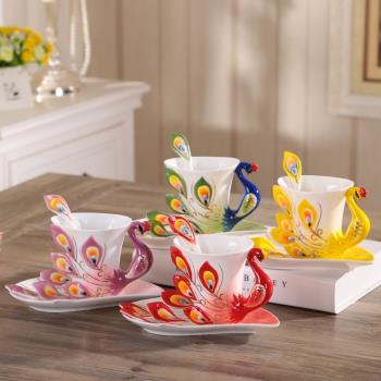 3D個性陶瓷創意孔雀骨瓷咖啡杯碟勺情人節對杯子歐式茶杯套裝優雅