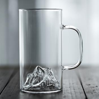 加厚耐熱玻璃水杯綠茶杯辦公室家用創意帶把富士山玻璃杯子花茶杯