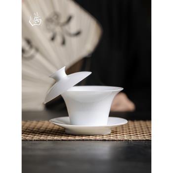 白瓷薄胎蓋碗可懸停不燙手三才碗德化玉瓷功夫茶具單個懸浮泡茶碗