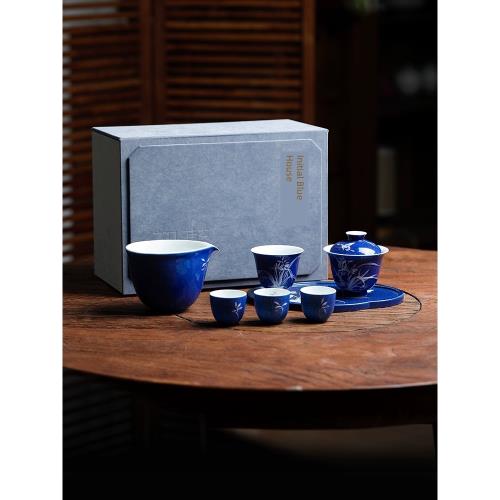 初藍舍 灑藍堆白 蘭竹7件套套裝 禮品優選 景德鎮陶瓷手工茶器