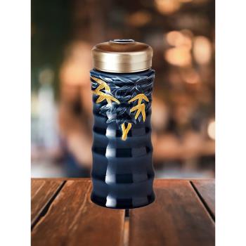 活瓷杯乾唐軒竹節隨身杯雙層復古便攜有蓋陶瓷水杯高顏值輕奢茶杯